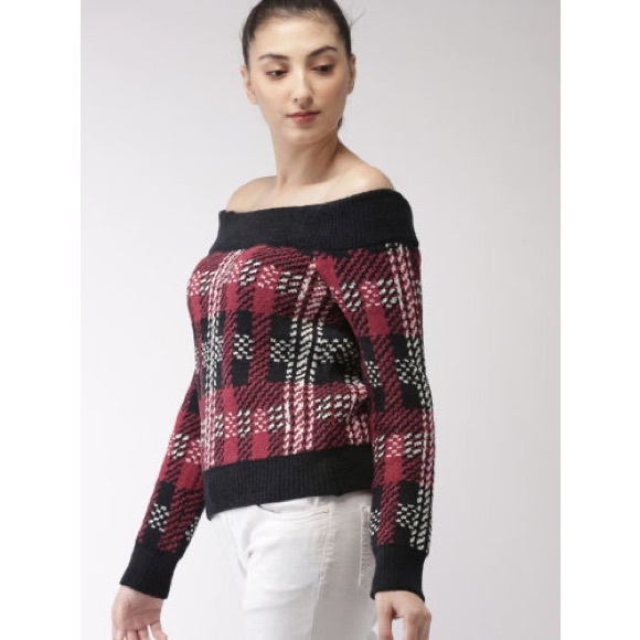 PLAID OFF SHOULDER SWEATER - Picture 3 of 6